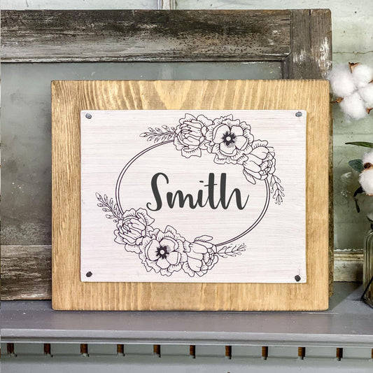 Last Name Floral Wreath - Wood Sign