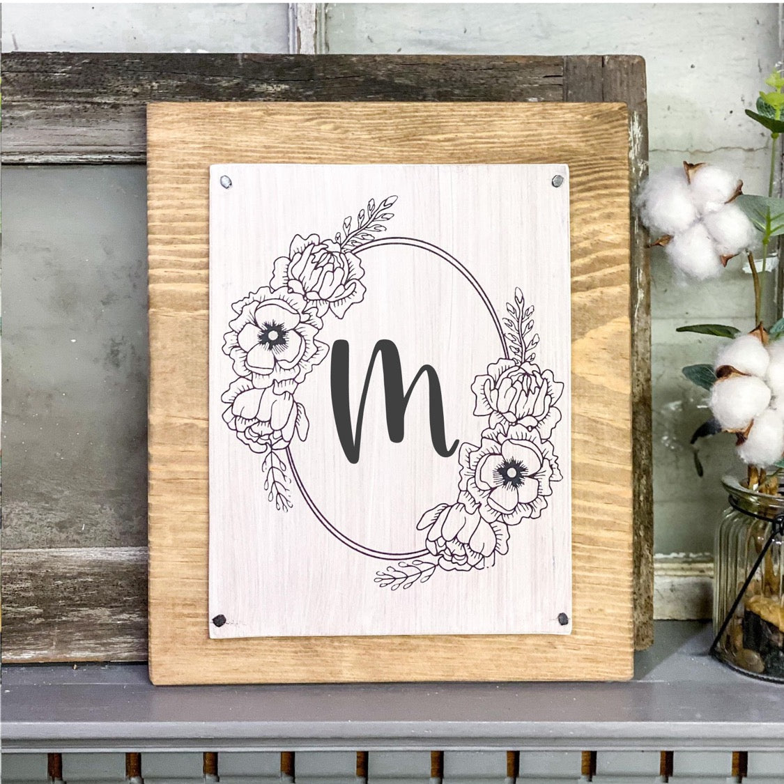 Initial Floral Wreath - Wood Sign